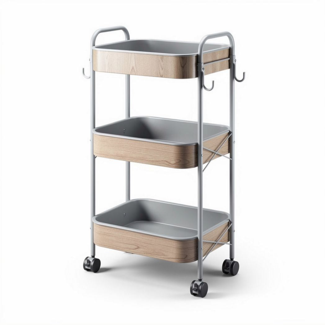 Mobiele opbergtrolley met drie lades en handvat van hout 45 x 30 x 80cm