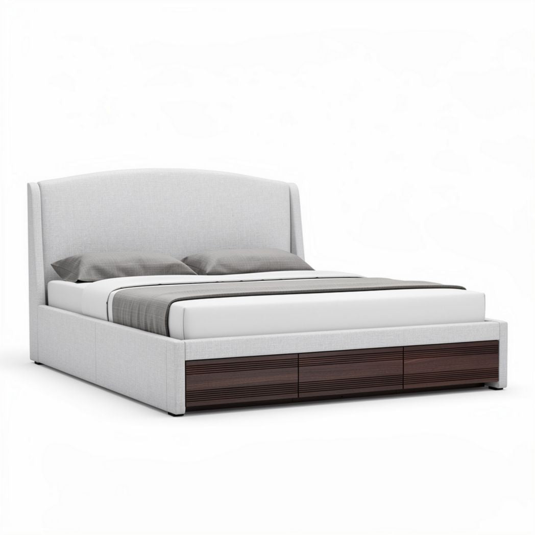 Stabiliteit bed met stoffen bekleding en houten opbergfunctie 200 x 160 x 100cm