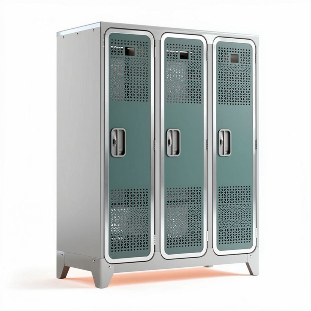 Stalen locker met perforaties en drie compartimenten 150 x 70 x 180cm