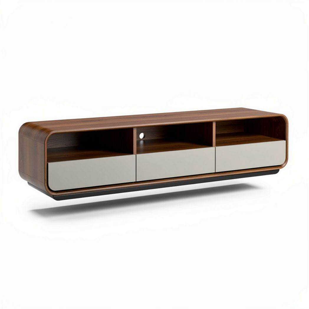 Tv-meubel van hout met witte lades en open vakken 160 x 40 x 45cm