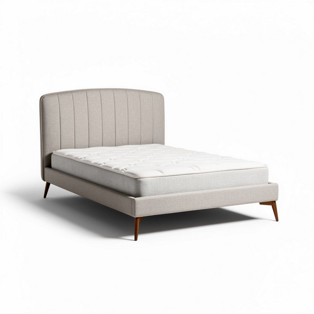 Stoffen bed met houten poten en matras 200 x 160 x 100 cm beige