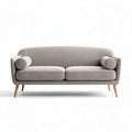 Twee-zit bank van grijs stof met houten poten en afgeronde kussens 180 x 85 x 75cm