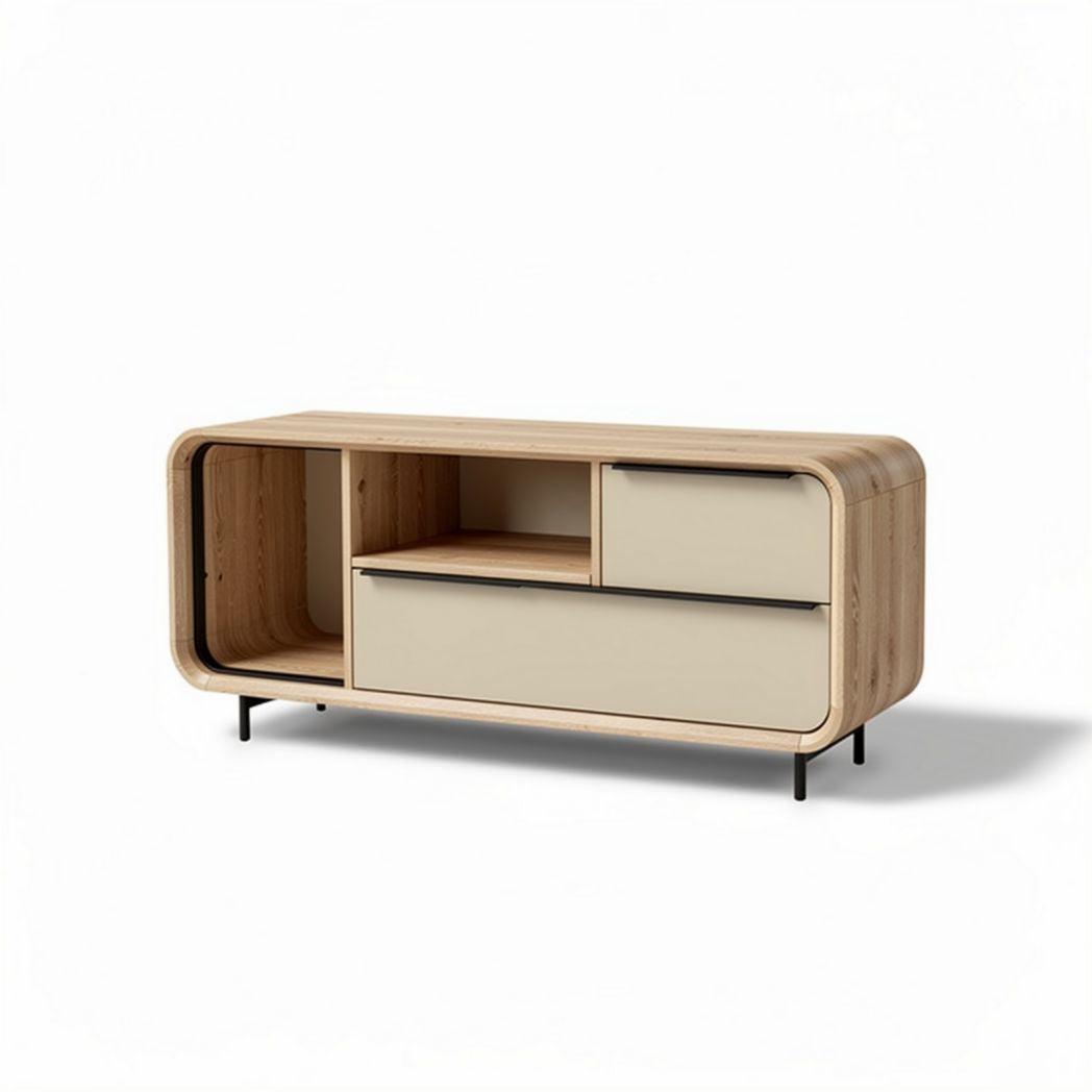 Houten tv-meubel met beige deuren en metalen poten 140 x 45 x 50cm